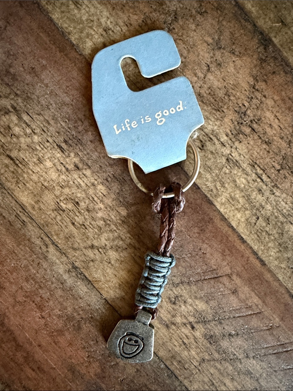 Life Is Good Brown Braided Leather Keychain with Light Blue Wrap and Silver Tag